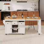 Isola Cucina Rotelle con Tavolo Estensibile, 3 Ripiani, 3 Cassetti, 2 Ante, Bianco e Nero