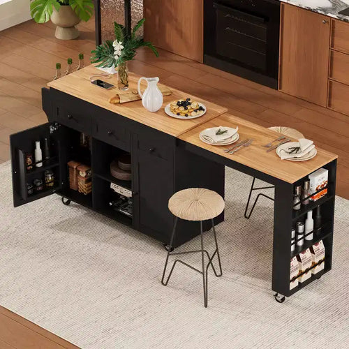 Isola Cucina Rotelle con Tavolo Estensibile, 3 Ripiani, 3 Cassetti, 2 Ante, Bianco e Nero