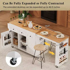 Isola Cucina Rotelle con Tavolo Estensibile, 3 Ripiani, 3 Cassetti, 2 Ante, Bianco e Nero