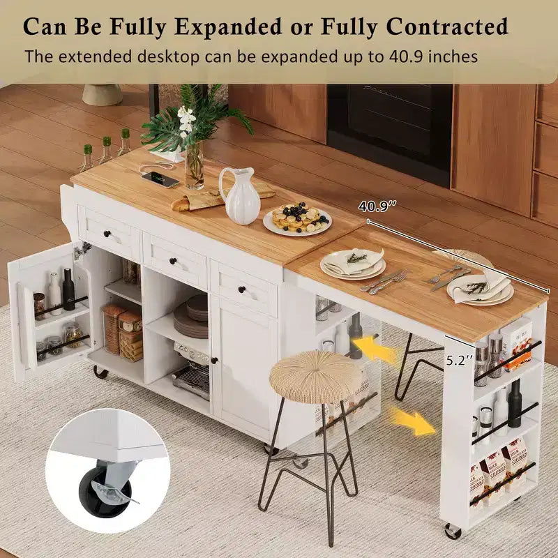 Isola Cucina Rotelle con Tavolo Estensibile, 3 Ripiani, 3 Cassetti, 2 Ante, Bianco e Nero
