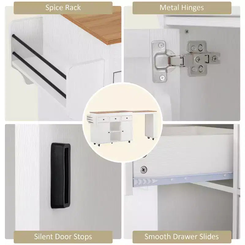 Isola Cucina Rotelle con Tavolo Estensibile, 3 Ripiani, 3 Cassetti, 2 Ante, Bianco e Nero
