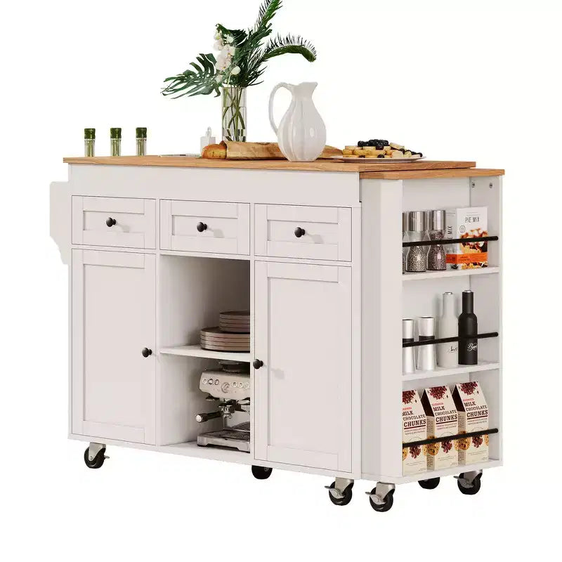 Isola Cucina Rotelle con Tavolo Estensibile, 3 Ripiani, 3 Cassetti, 2 Ante, Bianco e Nero