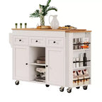 Isola Cucina Rotelle con Tavolo Estensibile, 3 Ripiani, 3 Cassetti, 2 Ante, Bianco e Nero