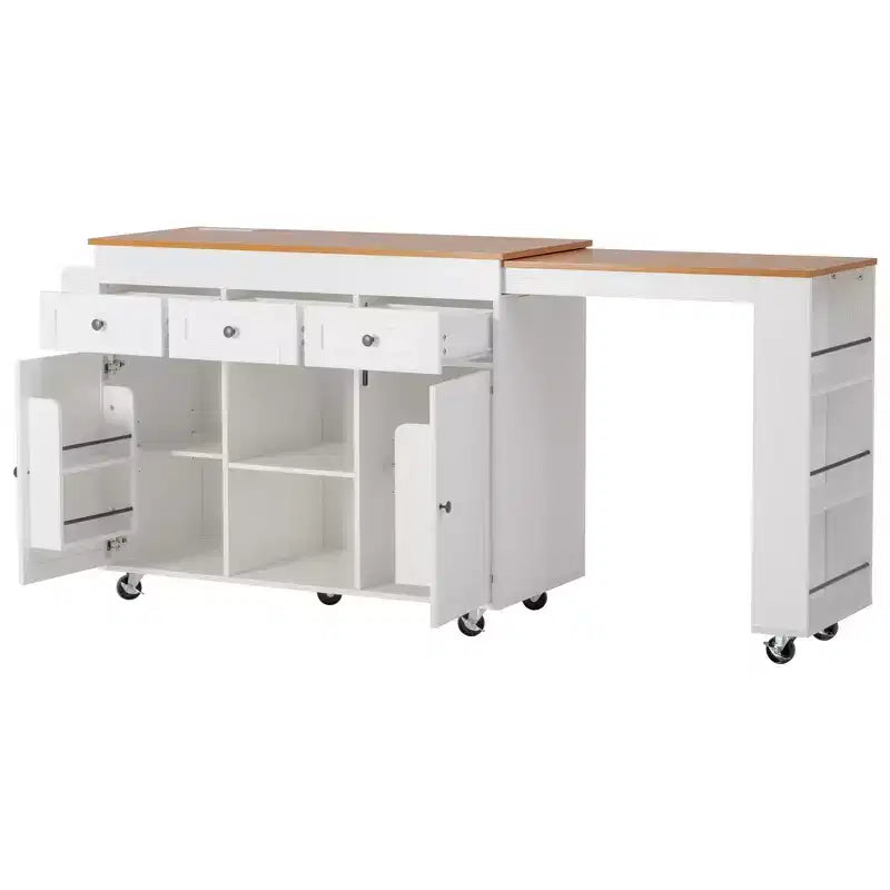 Isola Cucina Rotelle con Tavolo Estensibile, 3 Ripiani, 3 Cassetti, 2 Ante, Bianco e Nero