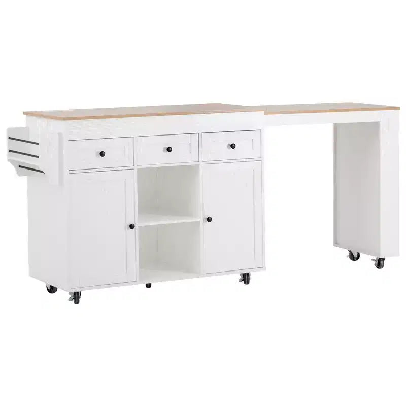 Isola Cucina Rotelle con Tavolo Estensibile, 3 Ripiani, 3 Cassetti, 2 Ante, Bianco e Nero