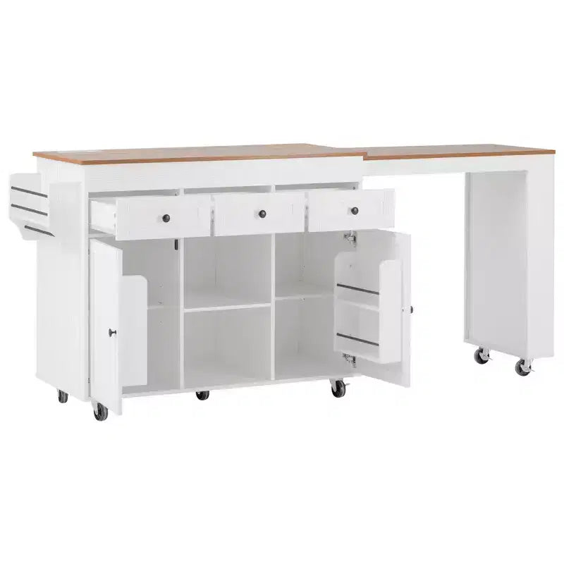 Isola Cucina Rotelle con Tavolo Estensibile, 3 Ripiani, 3 Cassetti, 2 Ante, Bianco e Nero