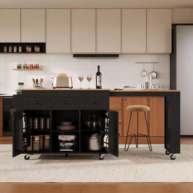 Isola Cucina Rotelle con Tavolo Estensibile, 3 Ripiani, 3 Cassetti, 2 Ante, Bianco e Nero