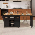 Isola Cucina Rotelle con Tavolo Estensibile, 3 Ripiani, 3 Cassetti, 2 Ante, Bianco e Nero