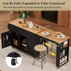Isola Cucina Rotelle con Tavolo Estensibile, 3 Ripiani, 3 Cassetti, 2 Ante, Bianco e Nero