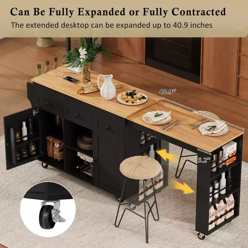 Isola Cucina Rotelle con Tavolo Estensibile, 3 Ripiani, 3 Cassetti, 2 Ante, Bianco e Nero