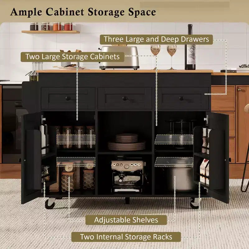 Isola Cucina Rotelle con Tavolo Estensibile, 3 Ripiani, 3 Cassetti, 2 Ante, Bianco e Nero