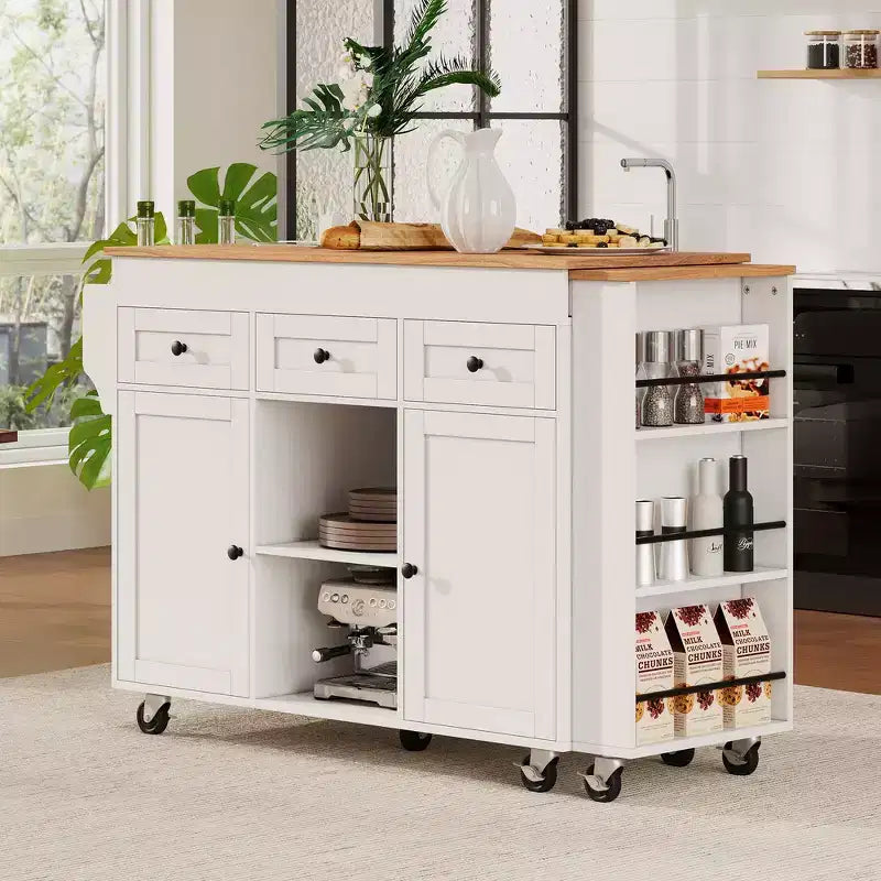 Isola Cucina Rotelle con Tavolo Estensibile, 3 Ripiani, 3 Cassetti, 2 Ante, Bianco e Nero