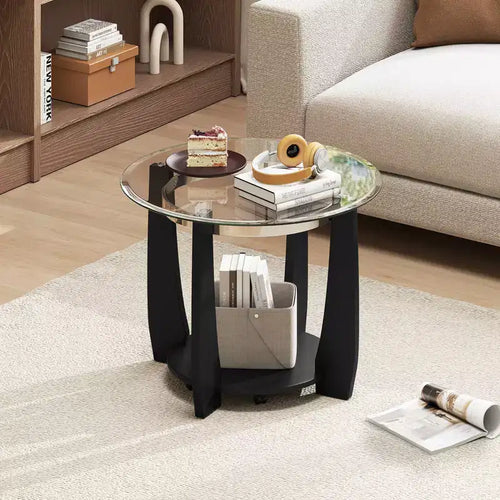 Tavolino da caffè rotondo a 2 ripiani in vetro con ruote, trasparente e nero/noce