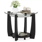 Costway 32 2-Tier Glass Coffee Table with Tempered Glass Top Bottom Storage Shelf & Wheels Transparent & Walnut/Black