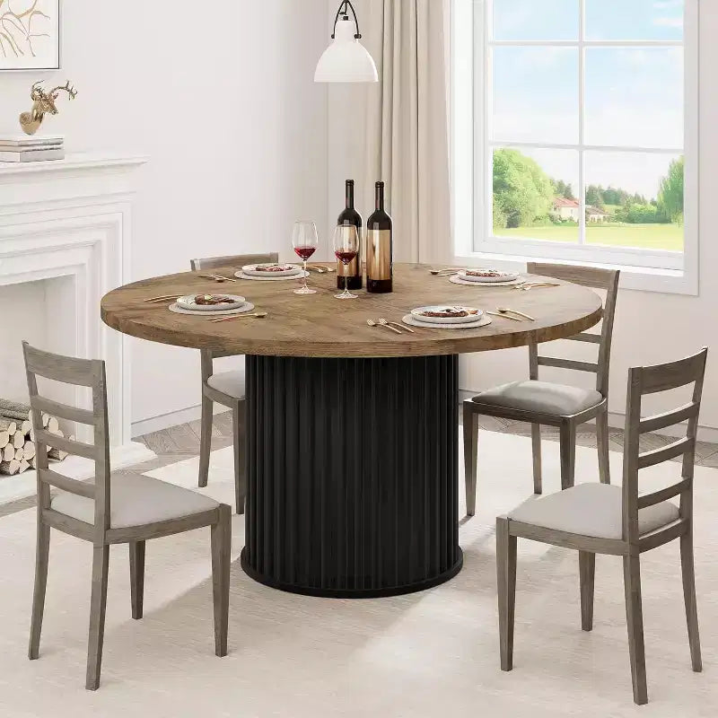 Tavolo da pranzo rotondo, nero/marrone/grigio, base a onda, 4-6 posti a sedere