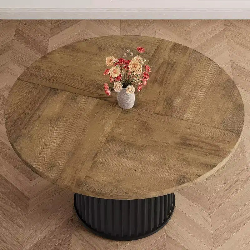 Tavolo da pranzo rotondo, nero/marrone/grigio, base a onda, 4-6 posti a sedere