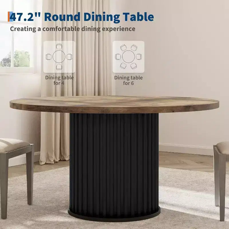 Tavolo da pranzo rotondo, nero/marrone/grigio, base a onda, 4-6 posti a sedere