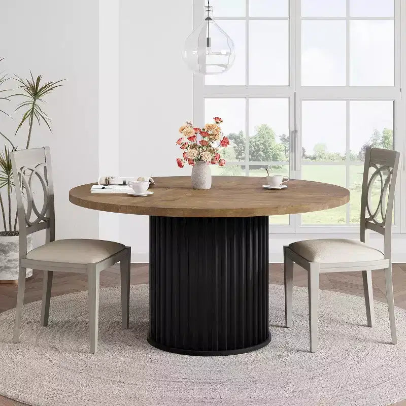 Tavolo da pranzo rotondo, nero/marrone/grigio, base a onda, 4-6 posti a sedere