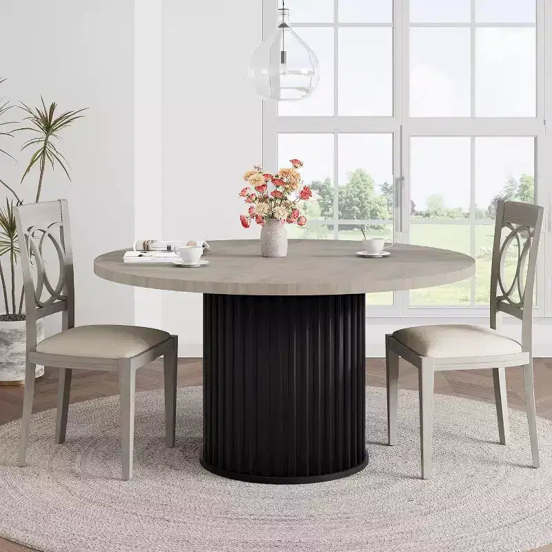 Tavolo da pranzo rotondo, nero/marrone/grigio, base a onda, 4-6 posti a sedere