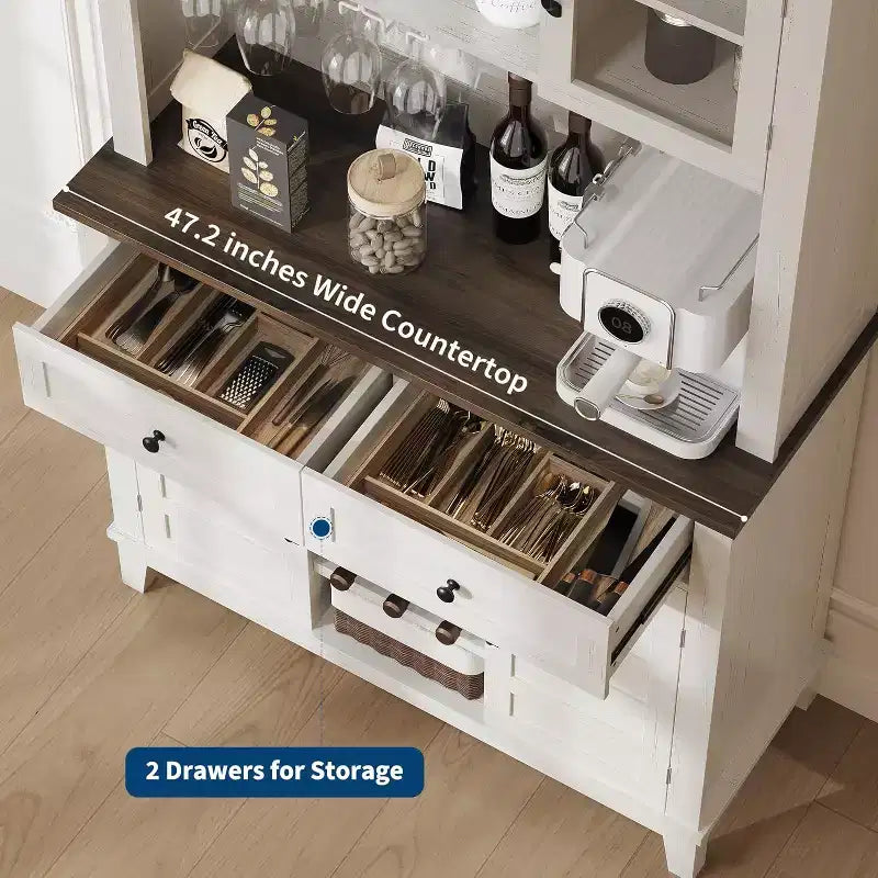 Dispensa da cucina White Hutch con supporto per microonde, 2 cassetti