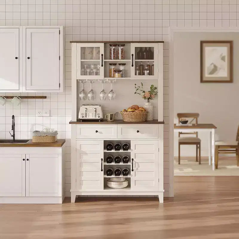 Dispensa da cucina White Hutch con supporto per microonde, 2 cassetti