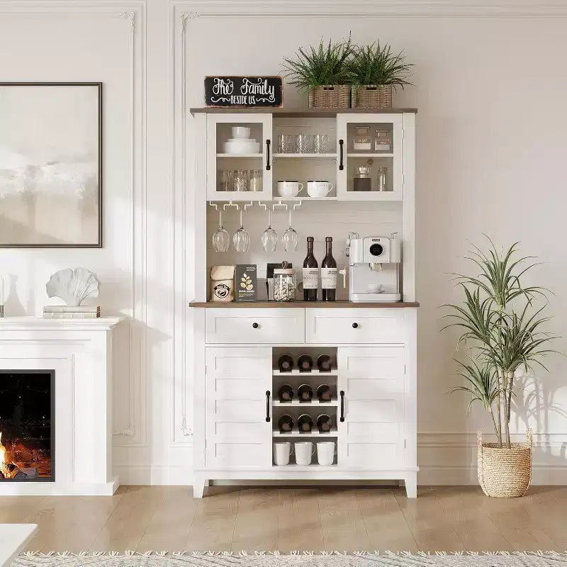 Dispensa da cucina White Hutch con supporto per microonde, 2 cassetti