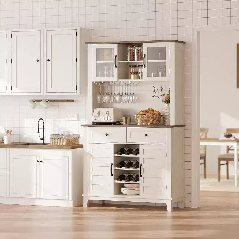 Dispensa da cucina White Hutch con supporto per microonde, 2 cassetti