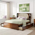 Luxystar Queen Size Rattan Headboard Platform Bed with 4 Storage Compartment, 2 Drawers and Trundle, Walnut