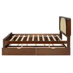Letto a piattaforma Queen in noce con testiera in rattan, 4 vani portaoggetti, 2 cassetti e letto estraibile, per 2 persone