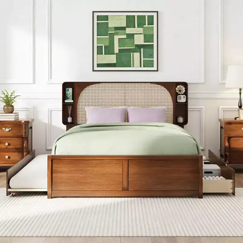 Letto a piattaforma Queen in noce con testiera in rattan, 4 vani portaoggetti, 2 cassetti e letto estraibile, per 2 persone