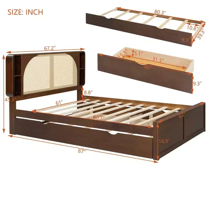 Letto a piattaforma Queen in noce con testiera in rattan, 4 vani portaoggetti, 2 cassetti e letto estraibile, per 2 persone
