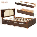 Letto a piattaforma Queen in noce con testiera in rattan, 4 vani portaoggetti, 2 cassetti e letto estraibile, per 2 persone