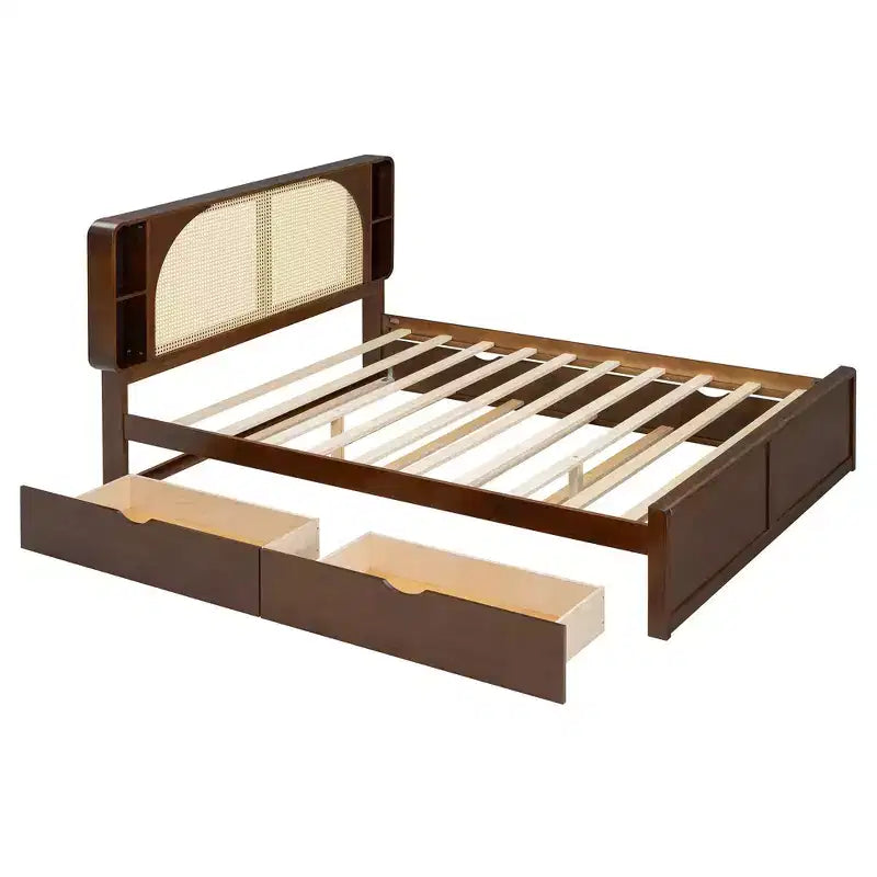 Letto a piattaforma Queen in noce con testiera in rattan, 4 vani portaoggetti, 2 cassetti e letto estraibile, per 2 persone