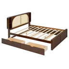 Letto a piattaforma Queen in noce con testiera in rattan, 4 vani portaoggetti, 2 cassetti e letto estraibile, per 2 persone