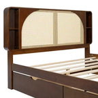 Letto a piattaforma Queen in noce con testiera in rattan, 4 vani portaoggetti, 2 cassetti e letto estraibile, per 2 persone