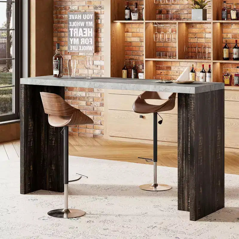 Tavolo da Bar con Piano Effetto Marmo, Grigio e Noce, 4 Posti a Sedere
