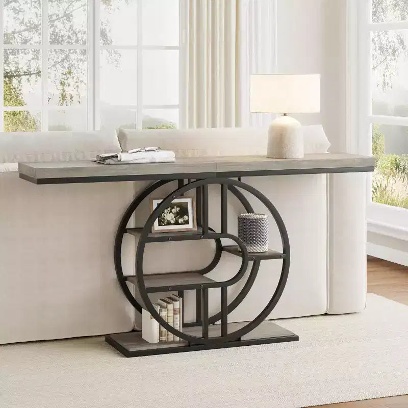 Tavolino consolle stretto industriale da 55" con 5 ripiani – motivo a fiamma / grigio / colore retrò