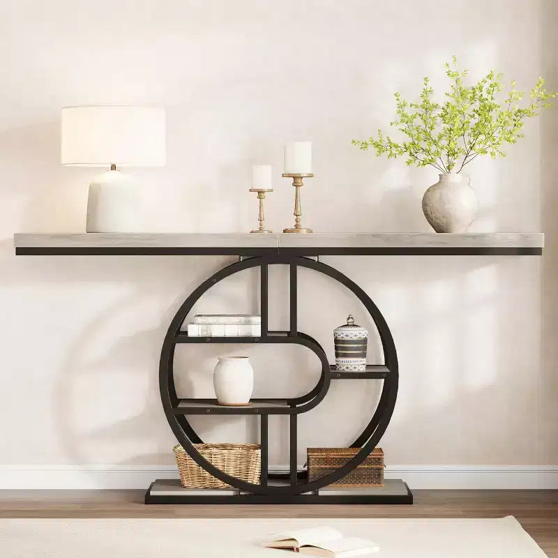 Tavolino consolle stretto industriale da 55" con 5 ripiani – motivo a fiamma / grigio / colore retrò