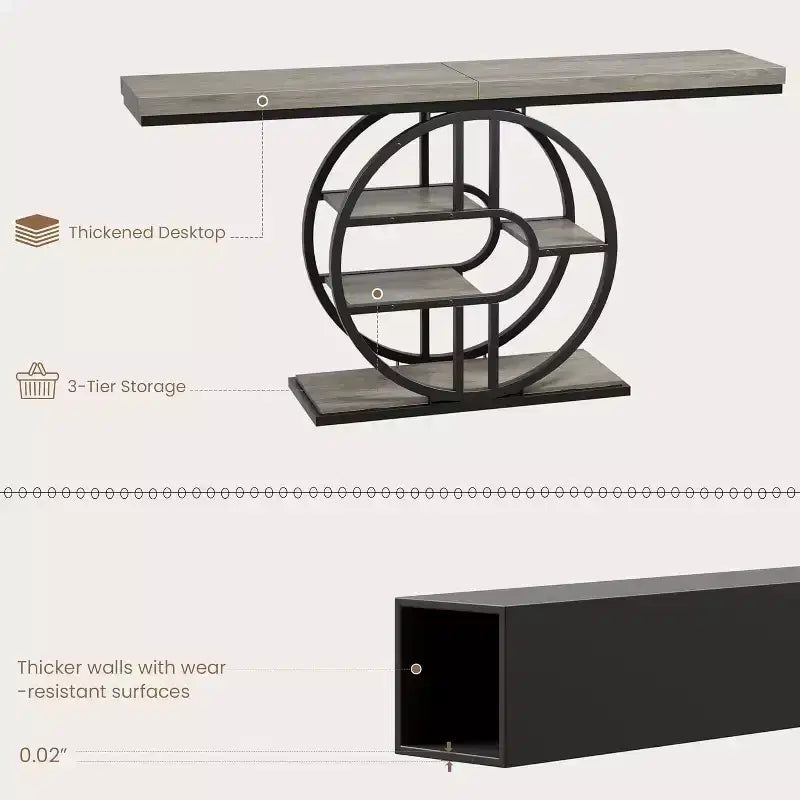 Tavolino consolle stretto industriale da 55" con 5 ripiani – motivo a fiamma / grigio / colore retrò