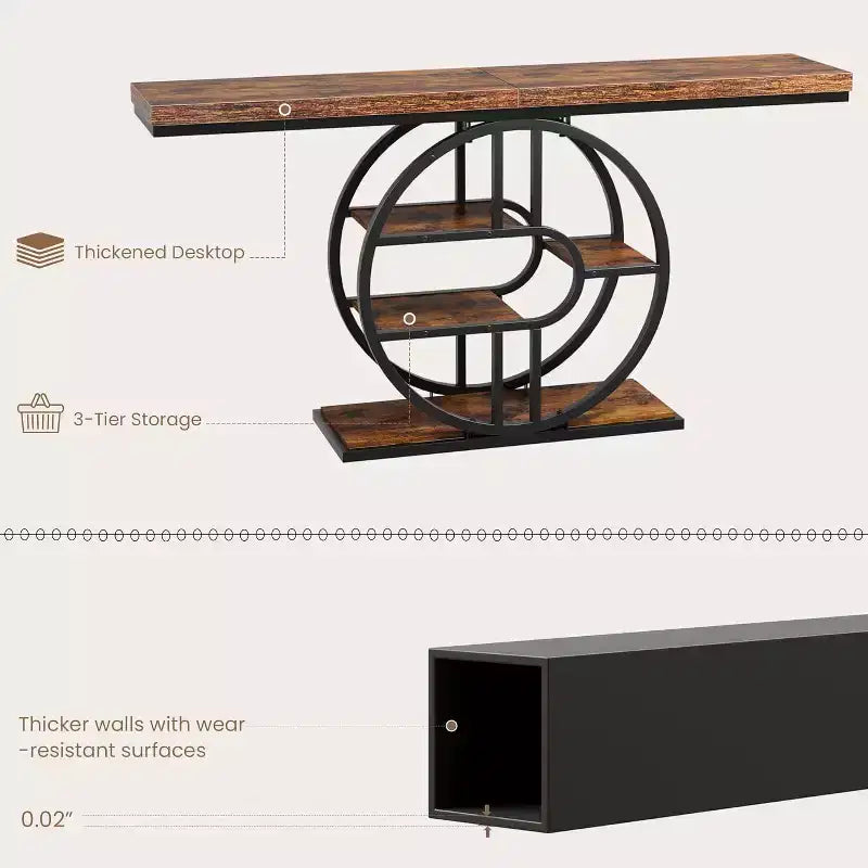 Tavolino consolle stretto industriale da 55" con 5 ripiani – motivo a fiamma / grigio / colore retrò