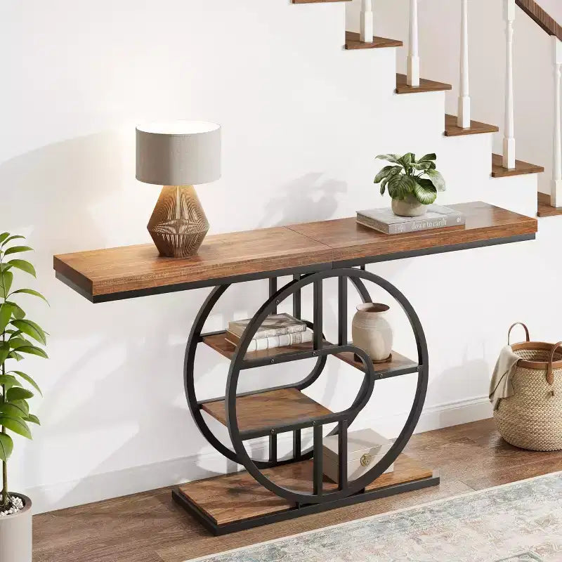 Tavolino consolle stretto industriale da 55" con 5 ripiani – motivo a fiamma / grigio / colore retrò