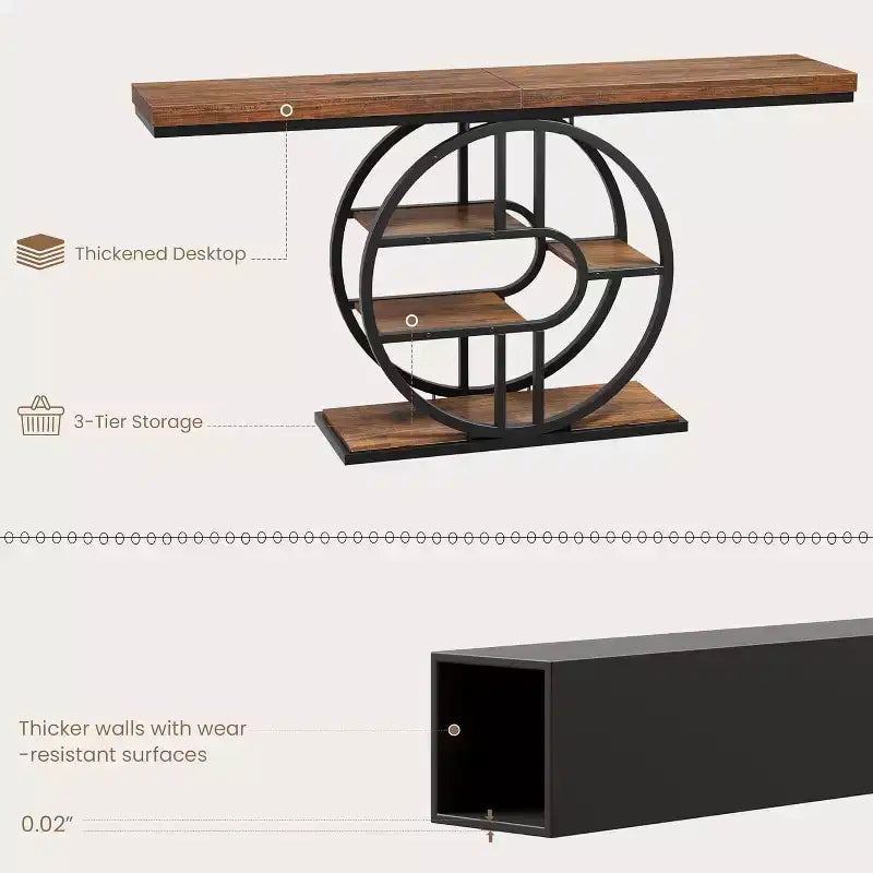 Tavolino consolle stretto industriale da 55" con 5 ripiani – motivo a fiamma / grigio / colore retrò