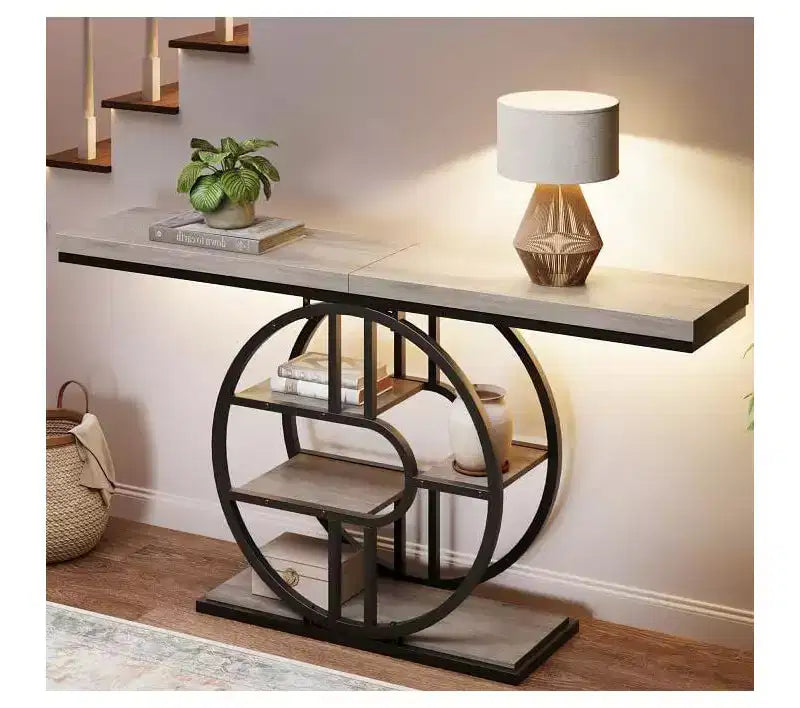 Tavolino consolle stretto industriale da 55" con 5 ripiani – motivo a fiamma / grigio / colore retrò
