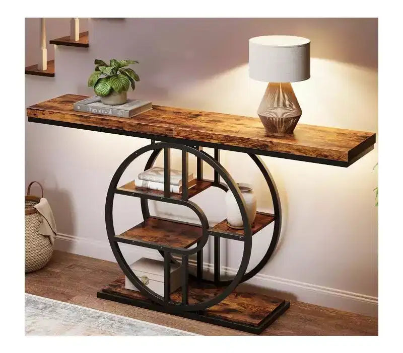 Tavolino consolle stretto industriale da 55" con 5 ripiani – motivo a fiamma / grigio / colore retrò