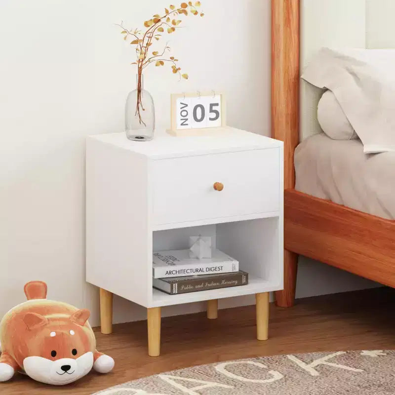 Comodino Quadrato Bianco con Cassetto e Ripiano, 1 Utente