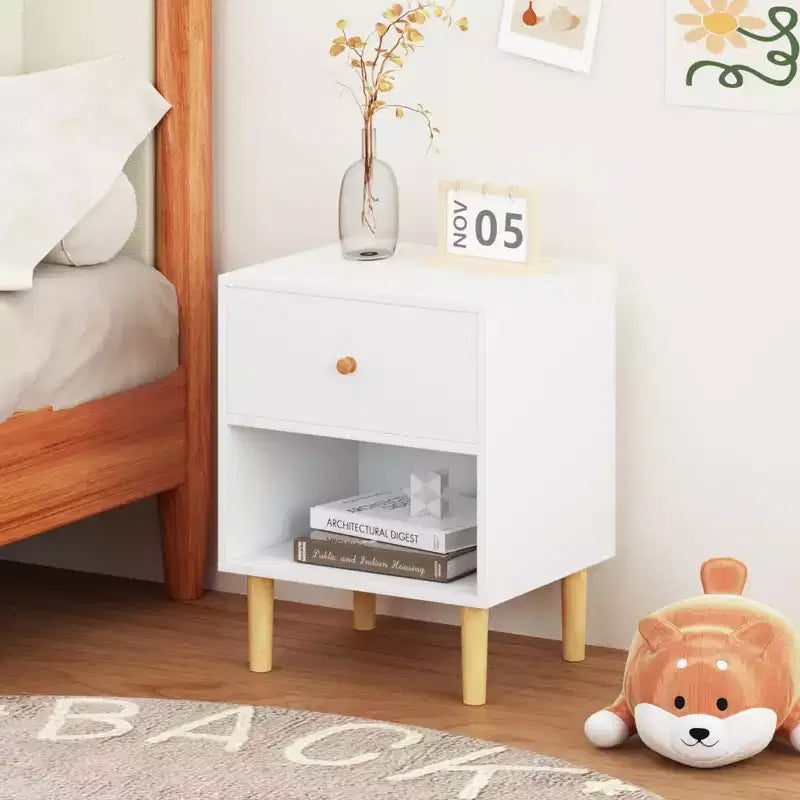 Comodino Quadrato Bianco con Cassetto e Ripiano, 1 Utente
