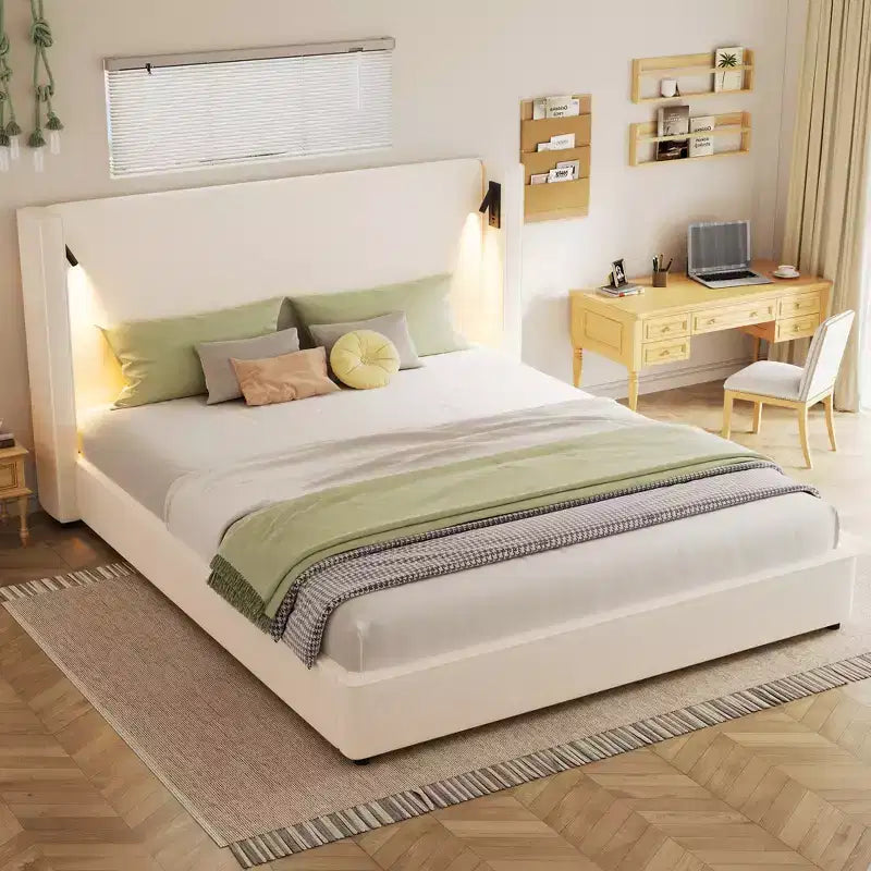 King Size Upholstered Platform Bed Frame with Padded High Wingback Headboard, Reading Lamp & USB Port, Beige - ModernLuxe