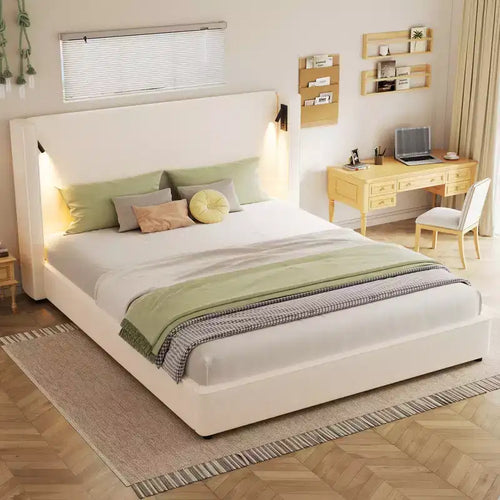 King Size Upholstered Platform Bed Frame with Padded High Wingback Headboard, Reading Lamp & USB Port, Beige - ModernLuxe