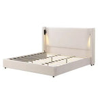 Struttura letto king size imbottita beige con testiera a tutta altezza, lampada da lettura e porta USB – 1 persona