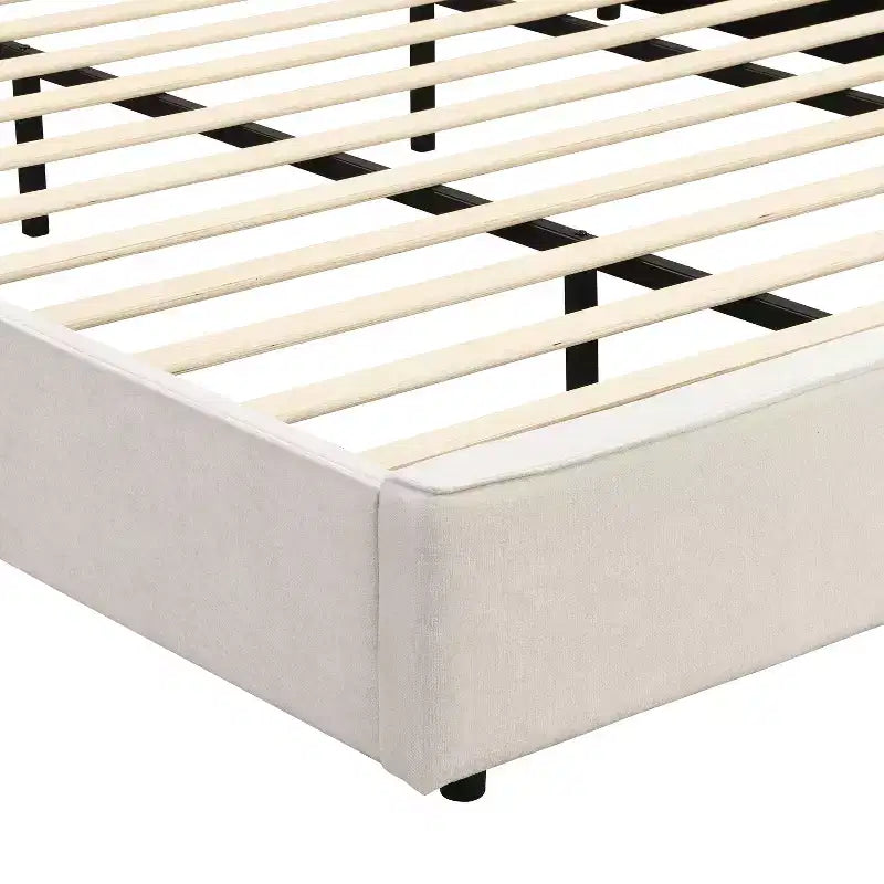 Struttura letto king size imbottita beige con testiera a tutta altezza, lampada da lettura e porta USB – 1 persona